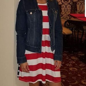 Red and White Striped Dress with Denim Jacket
